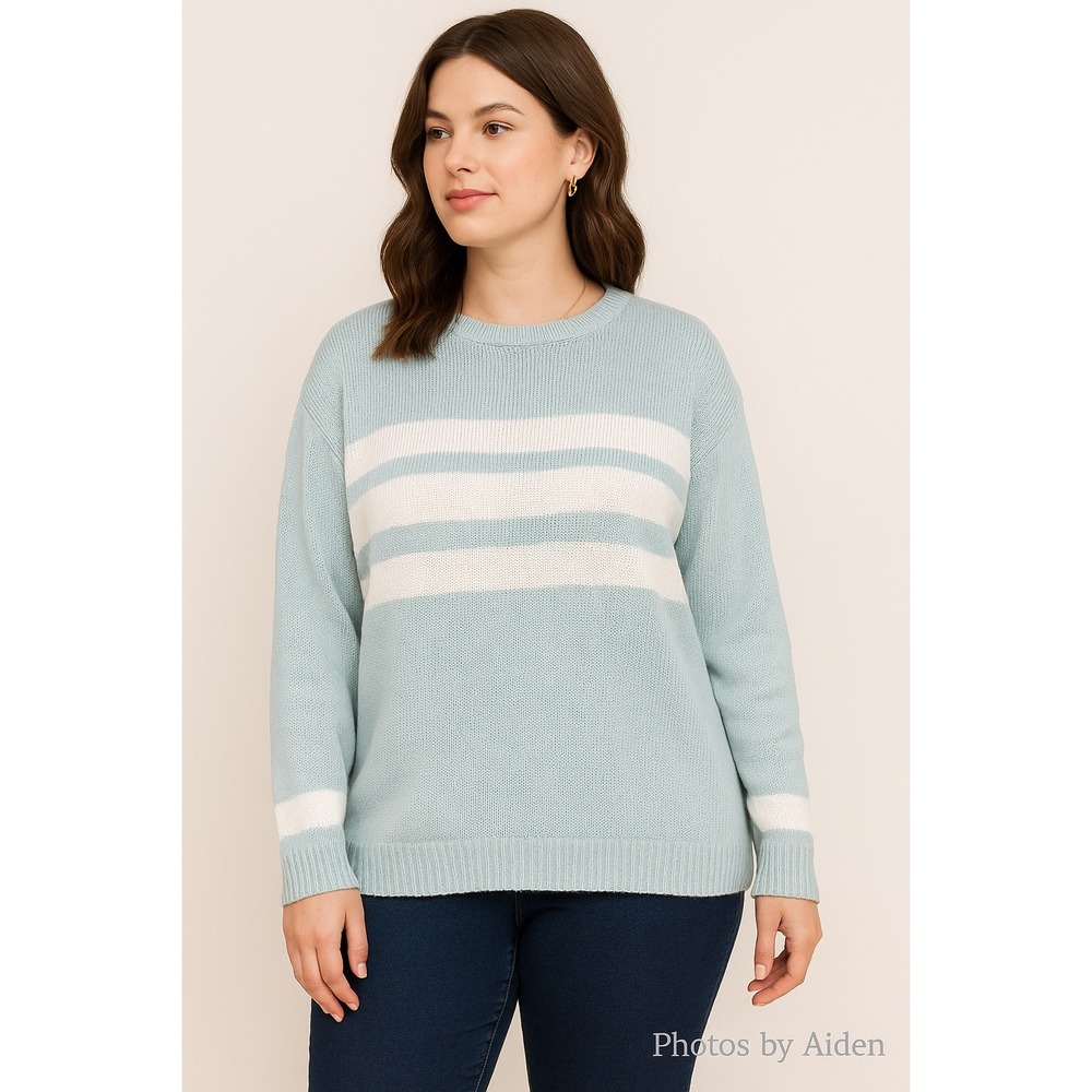 CJ Banks KNit Sweater 1X Green White‎ Stripe Crew Neck Long Sleeve Y2K Inspired